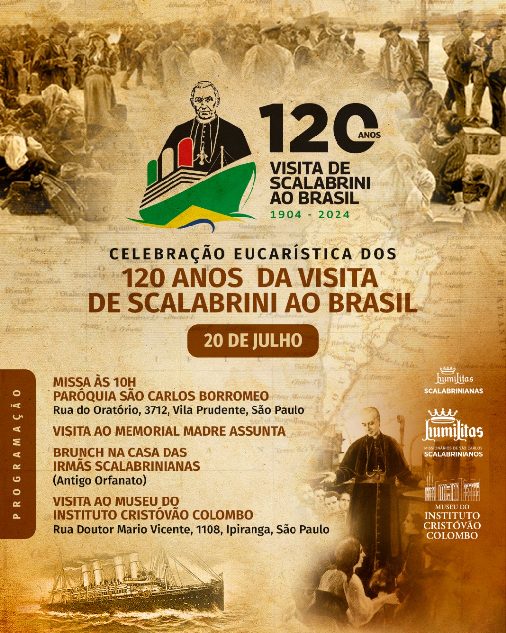 Celebração Eucarística dos 120 anos da Visita de Scalabrini ao Brasil acontecerá no Ipiranga